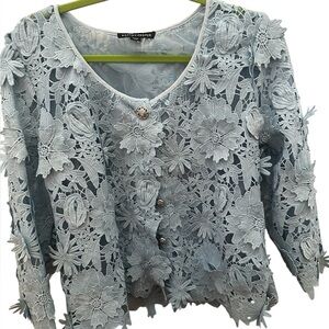 Boston Proper Light Blue Floral Lace Button Front Cardigan